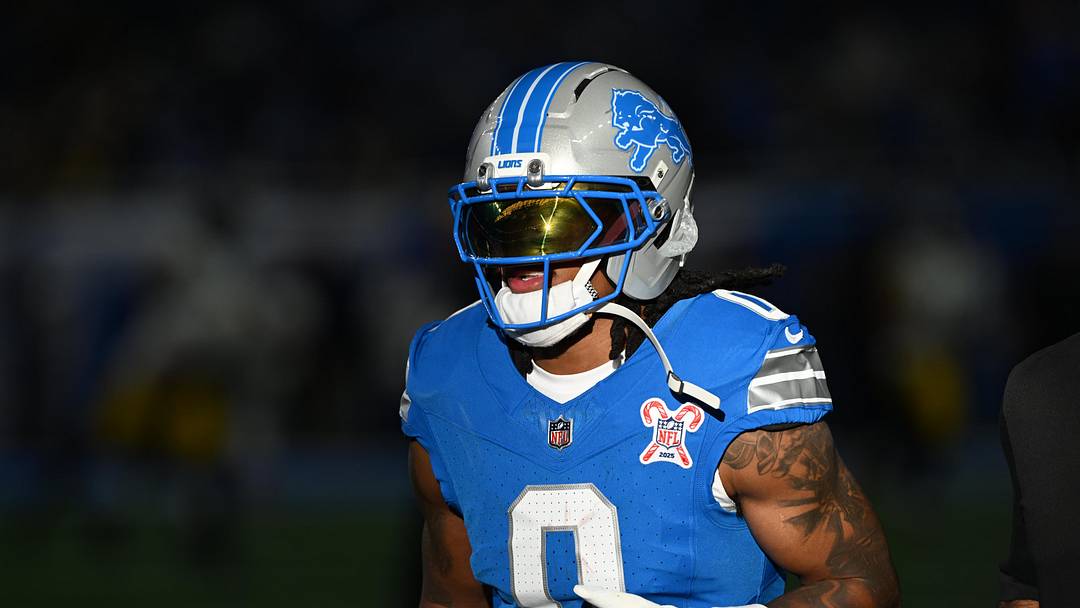 Dec 21, 2025; Detroit, Michigan, USA; Detroit Lions running back Jahmyr Gibbs (0) warms up before the game against the Pittsburgh Steelers at Ford Field. Mandatory Credit: Lon Horwedel-Imagn Images