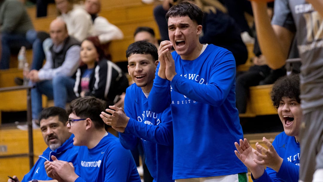 The Montwood bench celebrates during a District 1-6A boys basketball game against Coronado at Montwood High School in El Paso, Texas, on Tuesday, Jan. 6, 2026.