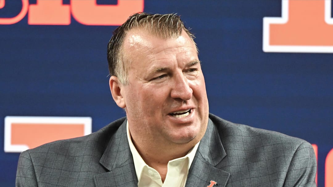 Jul 23, 2024; Indianapolis, IN, USA;  Illinois Fighting Illini head coach Bret Bielema speaks to the media during the Big 10 football media day at Lucas Oil Stadium. Mandatory Credit: Robert Goddin-Imagn Images