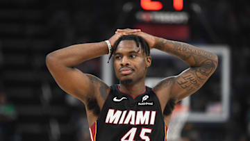 Mar 15, 2025; Memphis, Tennessee, USA; Miami Heat point guard Davion Mitchell (45) reacts after turning the ball over in the fourth quarter of the game against the Miami Heat at FedExForum. Mandatory Credit: Matthew Smith-Imagn Images
