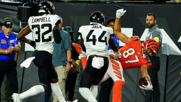 Cincinnati Bengals tight end C.J. Uzomah (87) scores a touchdown in the third quarter during a Week