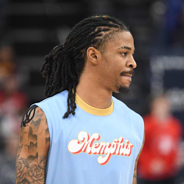 Mar 14, 2025; Memphis, Tennessee, USA; Memphis Grizzlies point guard Ja Morant (12) during warm ups before the Cleveland Cavaliers vs. Memphis Grizzlies at FedExForum. Mandatory Credit: Matthew Smith-Imagn Images
