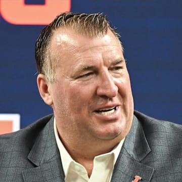 Jul 23, 2024; Indianapolis, IN, USA;  Illinois Fighting Illini head coach Bret Bielema speaks to the media during the Big 10 football media day at Lucas Oil Stadium. Mandatory Credit: Robert Goddin-Imagn Images