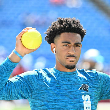 Aug 24, 2024; Orchard Park, New York, USA; Carolina Panthers quarterback Bryce Young warms up before a pre-season game against the Buffalo Bills at Highmark Stadium.