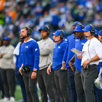 Oct 5, 2025; Seattle, Washington, USA; Seattle Seahawks head coach Mike MacDonald on the sidelines during the second half of a game against the Tampa Bay Buccaneers at Lumen Field. 