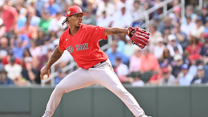 Feb 27, 2026; North Port, Florida, USA; Boston Red Sox starting pitcher Brayan Bello (66) throws a pitch in the first inning against the Atlanta Braves during spring training at CoolToday Park. Mandatory Credit: Jonathan Dyer-Imagn Images