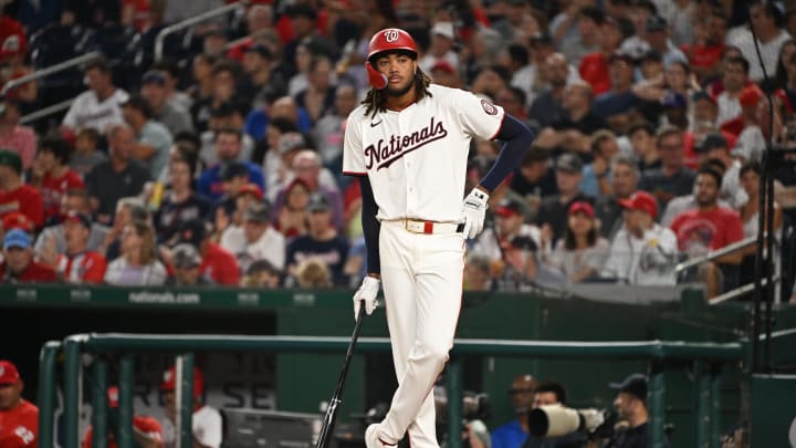 Aug 26, 2024; Washington, District of Columbia, USA; Washington Nationals left fielder James Wood (29) waits to bat against the New York Yankees during the fourth inning at Nationals Park.