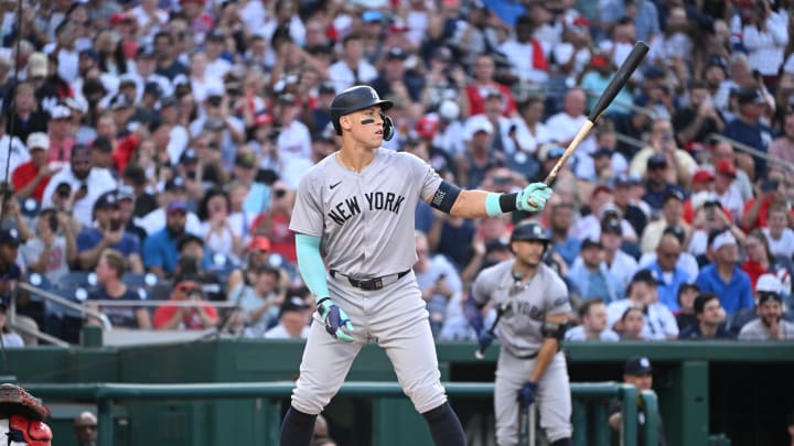 Aug 26, 2024; Washington, District of Columbia, USA; New York Yankees center fielder Aaron Judge (99) prepares to bat against the Washington Nationals during the first inning at Nationals Park. Mandatory Credit: Rafael Suanes-USA TODAY Sports