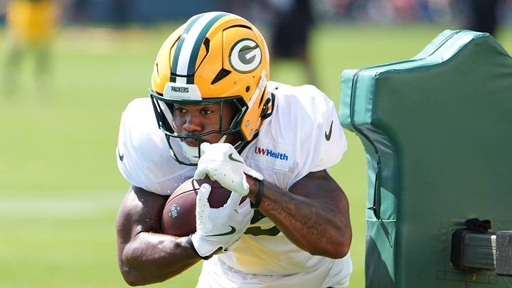 Green Bay Packers running back Josh Jacobs (8) participates in a drill during the fifth day of training camp on Aug. 3, 2026, at Ray Nitschke Field in Ashwaubenon, Wis.