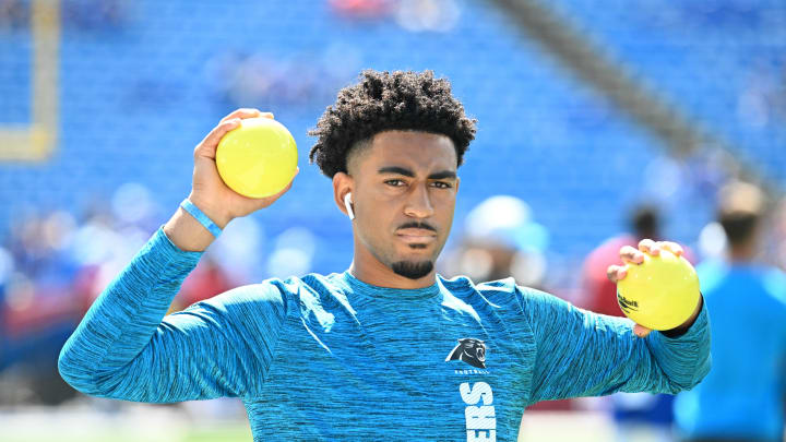 Aug 24, 2024; Orchard Park, New York, USA; Carolina Panthers quarterback Bryce Young warms up before a pre-season game against the Buffalo Bills at Highmark Stadium.