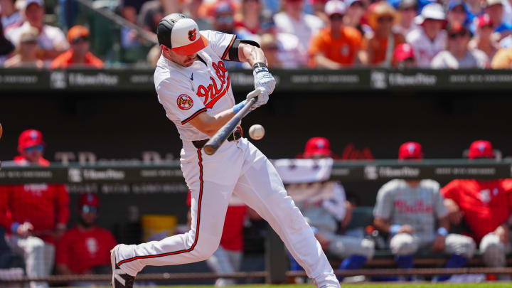 Jun 16, 2024; Baltimore, Maryland, USA; Baltimore Orioles second baseman Jordan Westburg (11) hits a three run home run against the Philadelphia Phillies during the fifth inning at Oriole Park at Camden Yards. 