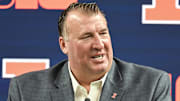 Jul 23, 2024; Indianapolis, IN, USA;  Illinois Fighting Illini head coach Bret Bielema speaks to the media during the Big 10 football media day at Lucas Oil Stadium. Mandatory Credit: Robert Goddin-Imagn Images