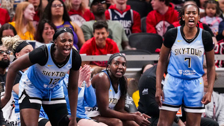 The Chicago Sky celebrates Saturday, Aug. 9, 2025, during a game between the Indiana Fever and the Chicago Sky at Gainbridge Fieldhouse in Indianapolis.