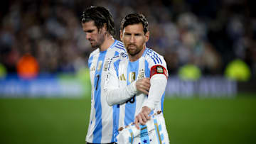 Lionel Messi of Argentina and Rodrigo De Paul of Argentina...