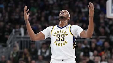 Mar 15, 2025; Milwaukee, Wisconsin, USA;  Indiana Pacers center Myles Turner: Jeff Hanisch-Imagn Images