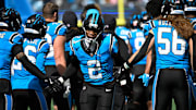 Oct 26, 2025; Charlotte, North Carolina, USA; Carolina Panthers cornerback Mike Jackson (2) runs on to the field before the game at Bank of America Stadium. 