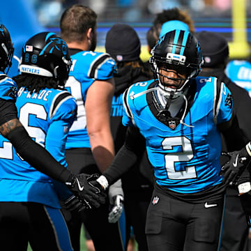 Oct 26, 2025; Charlotte, North Carolina, USA; Carolina Panthers cornerback Mike Jackson (2) runs on to the field before the game at Bank of America Stadium. 