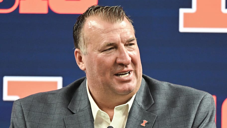 Illinois Fighting Illini head football coach Bret Bielema has signed a contract extension with the school through the 2030 season. | Robert Goddin-Imagn Images