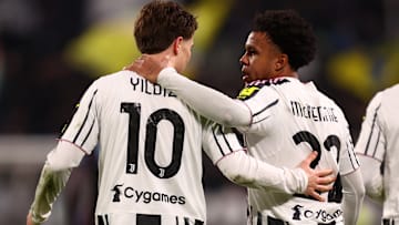 Kenan Yildiz of Juventus Fc (L) celebrates with Weston... Kenan Yildiz of Juventus Fc (L) celebrates with Weston...
