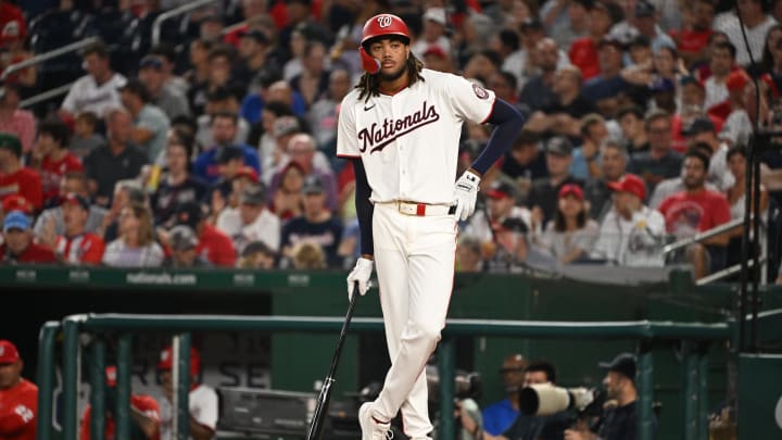 Aug 26, 2024; Washington, District of Columbia, USA; Washington Nationals left fielder James Wood (29) waits to bat against the New York Yankees during the fourth inning at Nationals Park.