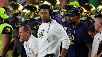 Sep 13, 2025; South Bend, Indiana, USA; Notre Dame Fighting Irish head coach Marcus Freeman looks on during the first half against the Texas A&M Aggies at Notre Dame Stadium. Mandatory Credit: Trevor Ruszkowski-Imagn Images