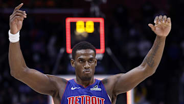 Mar 28, 2025; Detroit, Michigan, USA;  Detroit Pistons center Jalen Duren (0) celebrates after the game against the Cleveland Cavaliers at Little Caesars Arena. Mandatory Credit: Rick Osentoski-Imagn Images
