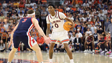 Feb 26, 2025; Auburn, Alabama, USA;  Mississippi Rebels guard Sean Pedulla (3) guards Auburn Tigers guard Tahaad Pettiford (0) during the second half at Neville Arena. Mandatory Credit: John Reed-Imagn Images