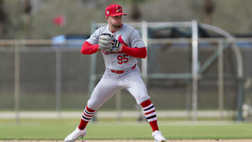 Feb 19, 2024; Jupiter, FL, USA; St. Louis Cardinals infielder Cesar Prieto (95) practices at spring training. Mandatory Credit: Sam Navarro-Imagn Images