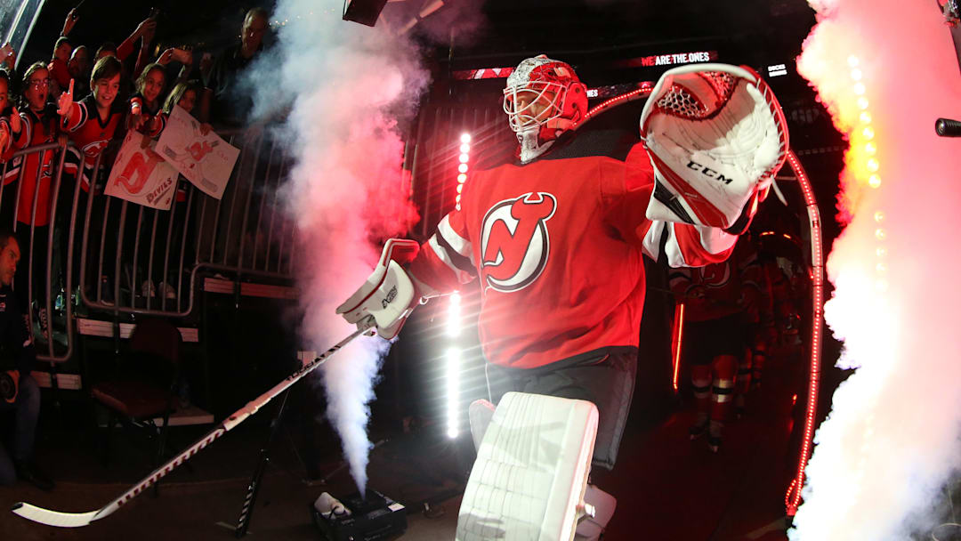 Oct 14, 2019; Newark, NJ, USA; New Jersey Devils goaltender Cory Schneider (35) walks to the ice before the start of the first period of their game against the Florida Panthers at Prudential Center. Mandatory Credit: Ed Mulholland-Imagn Images