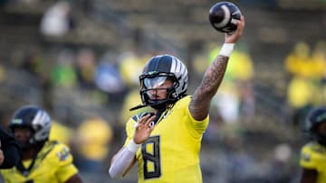Oregon Ducks quarterback Dillon Gabriel throws a pass during warmups as the Ducks host the Spartans Friday, Oct. 4, 2024 at Autzen Stadium in Eugene, Ore.