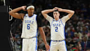 Apr 5, 2025; San Antonio, TX, USA; Duke Blue Devils forward Cooper Flagg (2) and forward Maliq Brown (6) react after a play against the Houston Cougars during the second half in the semifinals of the men's Final Four of the 2025 NCAA Tournament at the Alamodome. Mandatory Credit: Bob Donnan-Imagn Images