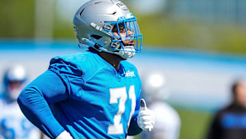 Detroit Lions offensive lineman Miles Frazier (71) practices during rookie mini camp at Meijer Performance Center in Allen Park on Friday, May 9, 2025.