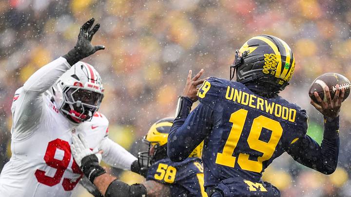 Michigan quarterback Bryce Underwood (19) makes a pass against Ohio State during the second half at Michigan Stadium in Ann Arbor on Saturday, Nov. 29, 2025.