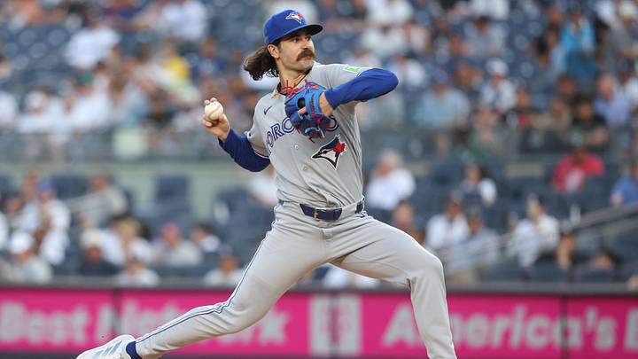 May 19, 2026; Bronx, New York, USA;  Toronto Blue Jays starting pitcher Dylan Cease (84) pitches in the first inning against the New York Yankees at Yankee Stadium. Mandatory Credit: Wendell Cruz-Imagn Images