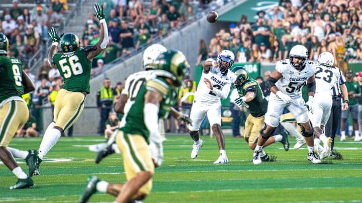 Shedeur Sanders throws a touchdown pass against the Colorado State Rams.