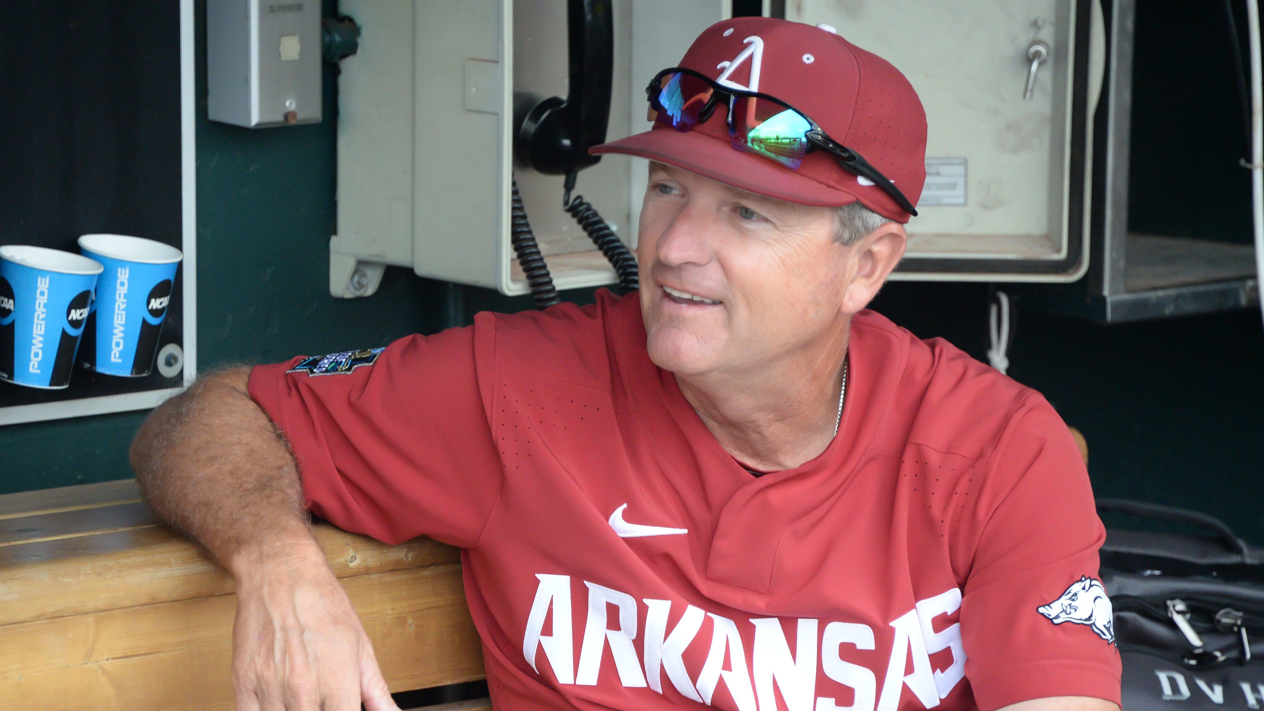 Jun 20, 2018; Omaha, NE, USA; Arkansas Razorbacks head coach Dave Van Horn waits out a rain delay