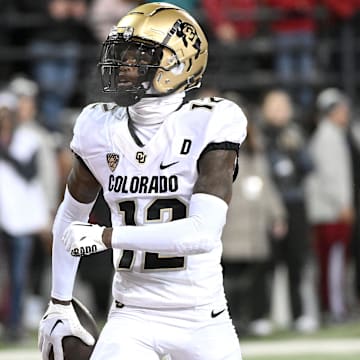 Nov 17, 2023; Pullman, Washington, USA; Colorado Buffaloes cornerback Travis Hunter (12) celebrates a touchdown against the Washington State Cougars in the first half at Gesa Field at Martin Stadium.