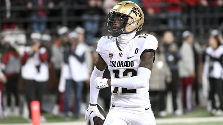 Nov 17, 2023; Pullman, Washington, USA; Colorado Buffaloes cornerback Travis Hunter (12) celebrates a touchdown against the Washington State Cougars in the first half at Gesa Field at Martin Stadium.