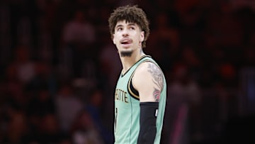 Mar 23, 2025; Miami, Florida, USA;  Charlotte Hornets guard LaMelo Ball (1) reacts against the Miami Heat during the second half at Kaseya Center. Mandatory Credit: Rhona Wise-Imagn Images