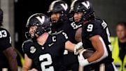 Vanderbilt tight end Eli Stowers (9) celebrates his touchdown against Ball State with quarterback Diego Pavia (2) during the second quarter at FirstBank Stadium in Nashville, Tenn., Saturday, Oct. 19, 2024.