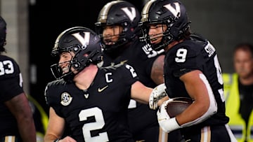 Vanderbilt tight end Eli Stowers (9) celebrates his touchdown against Ball State with quarterback Diego Pavia (2) during the second quarter at FirstBank Stadium in Nashville, Tenn., Saturday, Oct. 19, 2024.