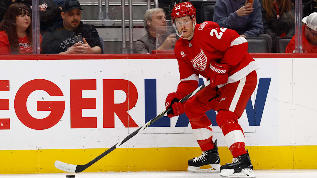 Nov 15, 2025; Detroit, Michigan, USA;  Detroit Red Wings center Mason Appleton (22) skates with the puck in the second period against the Buffalo Sabres at Little Caesars Arena. Mandatory Credit: Rick Osentoski-Imagn Images