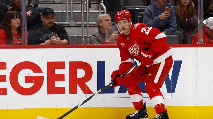 Nov 15, 2025; Detroit, Michigan, USA;  Detroit Red Wings center Mason Appleton (22) skates with the puck in the second period against the Buffalo Sabres at Little Caesars Arena. Mandatory Credit: Rick Osentoski-Imagn Images