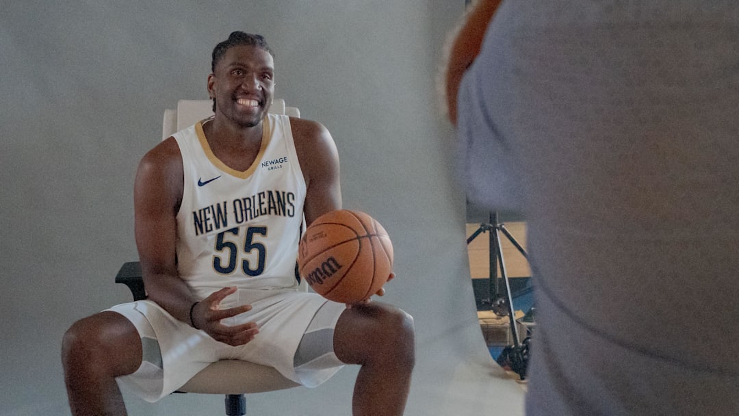 Sep 23, 2025; Metairie, LA, USA; New Orleans Pelicans forward Kevon Looney (55) poses during Media Day at Ochsner Sports Performance Center.