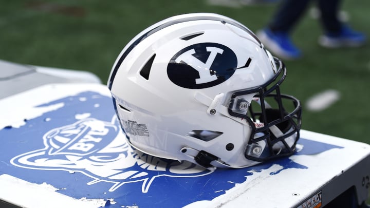 Oct 23, 2021; Pullman, Washington, USA; Brigham Young Cougars helmet sits during a game against the Washington State Cougars in the second half at Gesa Field at Martin Stadium. BYU won 21-19. Mandatory Credit: James Snook-USA TODAY Sports