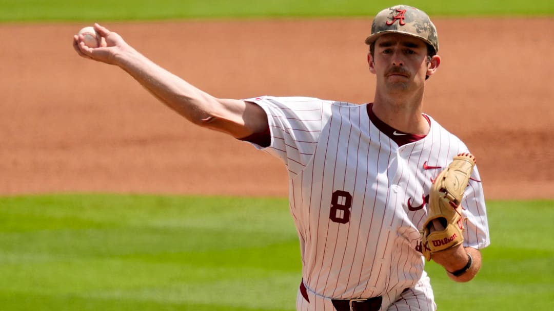 May 20, 2025; Hoover, AL, USA; Alabama pitcher Tyler Fay (8) makes a pitch against Missouri in the first game of the SEC Baseball Tournament at the Hoover Met.