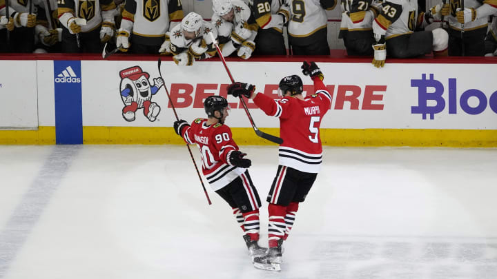 Feb 21, 2023; Chicago, Illinois, USA; Chicago Blackhawks center Tyler Johnson (90) celebrates his Feb 21, 2023; Chicago, Illinois, USA; Chicago Blackhawks center Tyler Johnson (90) celebrates his