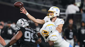 Sep 15, 2025; Paradise, Nevada, USA; Los Angeles Chargers quarterback Justin Herbert (10) makes a pass during the fourth quarter against the Las Vegas Raiders at Allegiant Stadium. Mandatory Credit: Kiyoshi Mio-Imagn Images