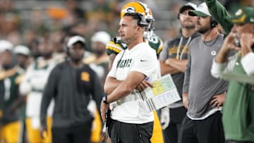 Aug 9, 2025; Green Bay, Wisconsin, USA; Green Bay Packers head coach Matt LaFleur looks on during the second half against the New York Jets at Lambeau Field. Mandatory Credit: Kayla Wolf-Imagn Images