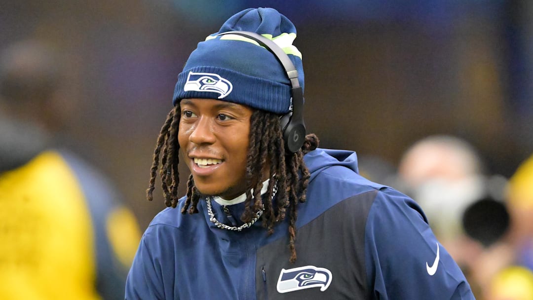 Nov 16, 2025; Inglewood, California, USA; Seattle Seahawks wide receiver Rashid Shaheed (22) warms up prior to the game against the Los Angeles Rams at SoFi Stadium. Mandatory Credit: Jayne Kamin-Oncea-Imagn Images
